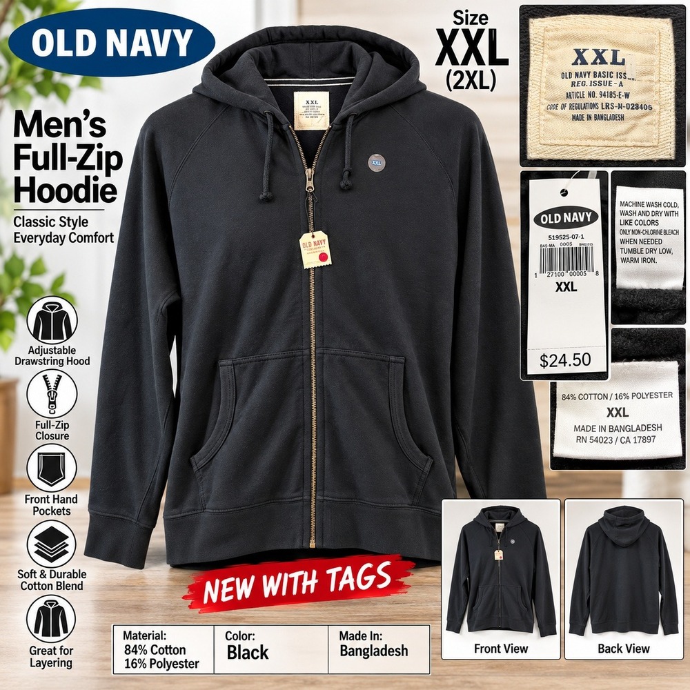 Old Navy Mens Full Zip Hoodie Black XXL 519525-07-1 Cotton Blend NWT